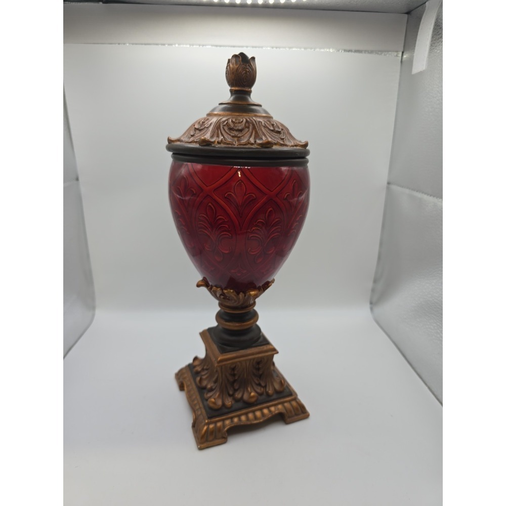 Ruby Red Glass & Ornate Bronze Finished Resin Lidded Jar, Oya Style 12-inch